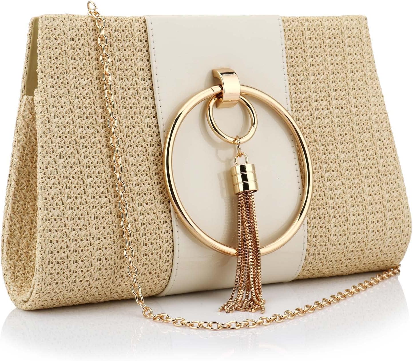 Women's Summer Beach Straw Evening Bag, Straw Clutch Purse Straw Handbag Shoulder Bag Top-handle Bag