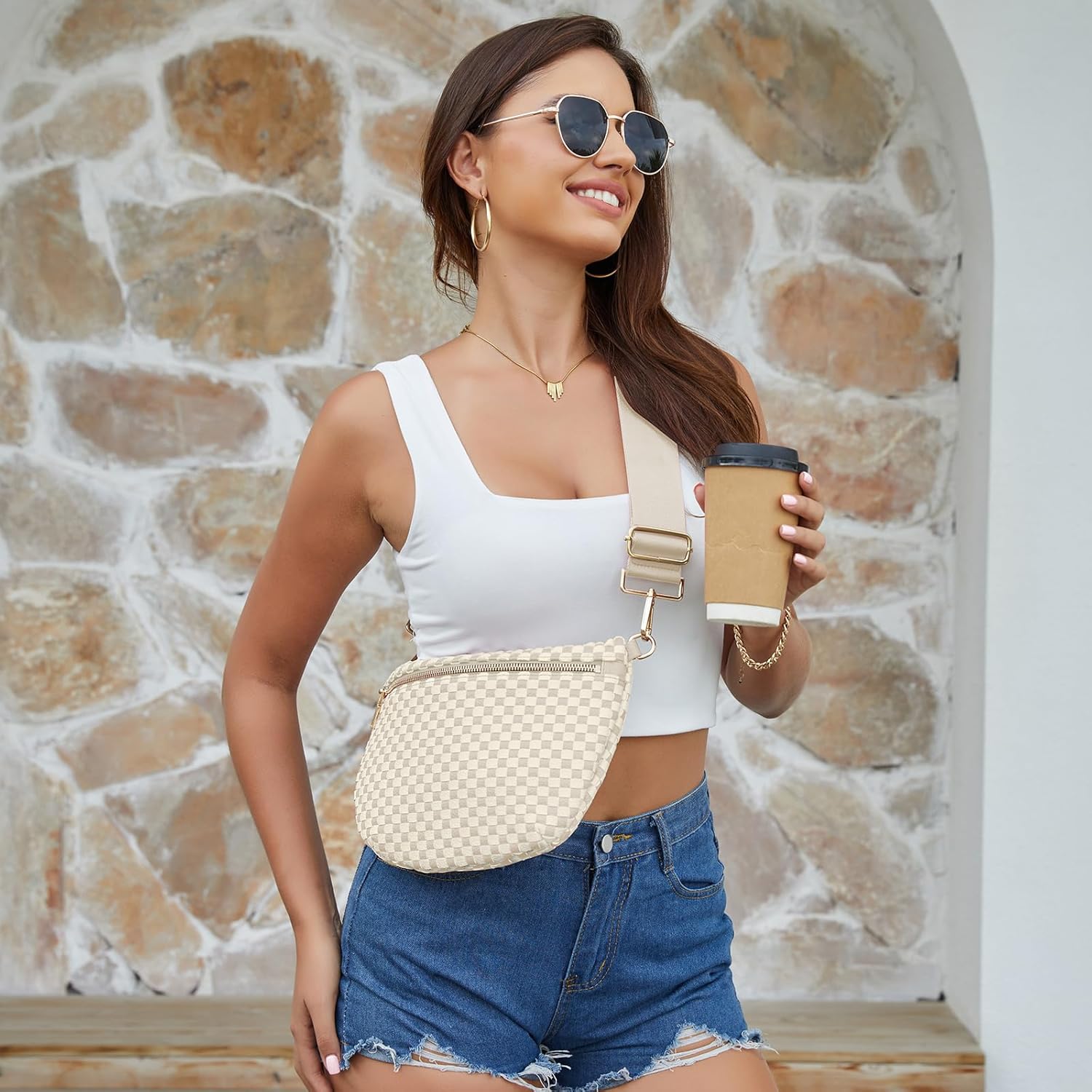 Woven Crossbody Bags For Women, Checkered Fashion PU Bum Bag Waist Pack, Travel Sling Purse with Adjustable Strap(Beige and White) Woven Crossbody Bags For Women, Checkered Fashion PU Bum Bag Waist Pack, Travel Sling Purse with Adjustable Strap(Beige and White)