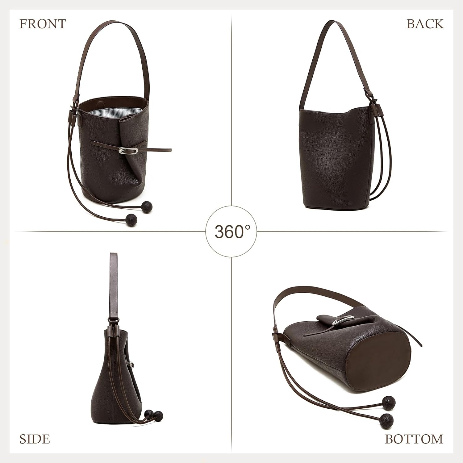 Genuine Leather Bucket Bag for Women - Soft, Scratch-Resistant | Genuine Leather, Adjustable Shoulder Strap, Removable Inner Pouch, Magnetic Closure, Lightweight Daily Work Commute Bag