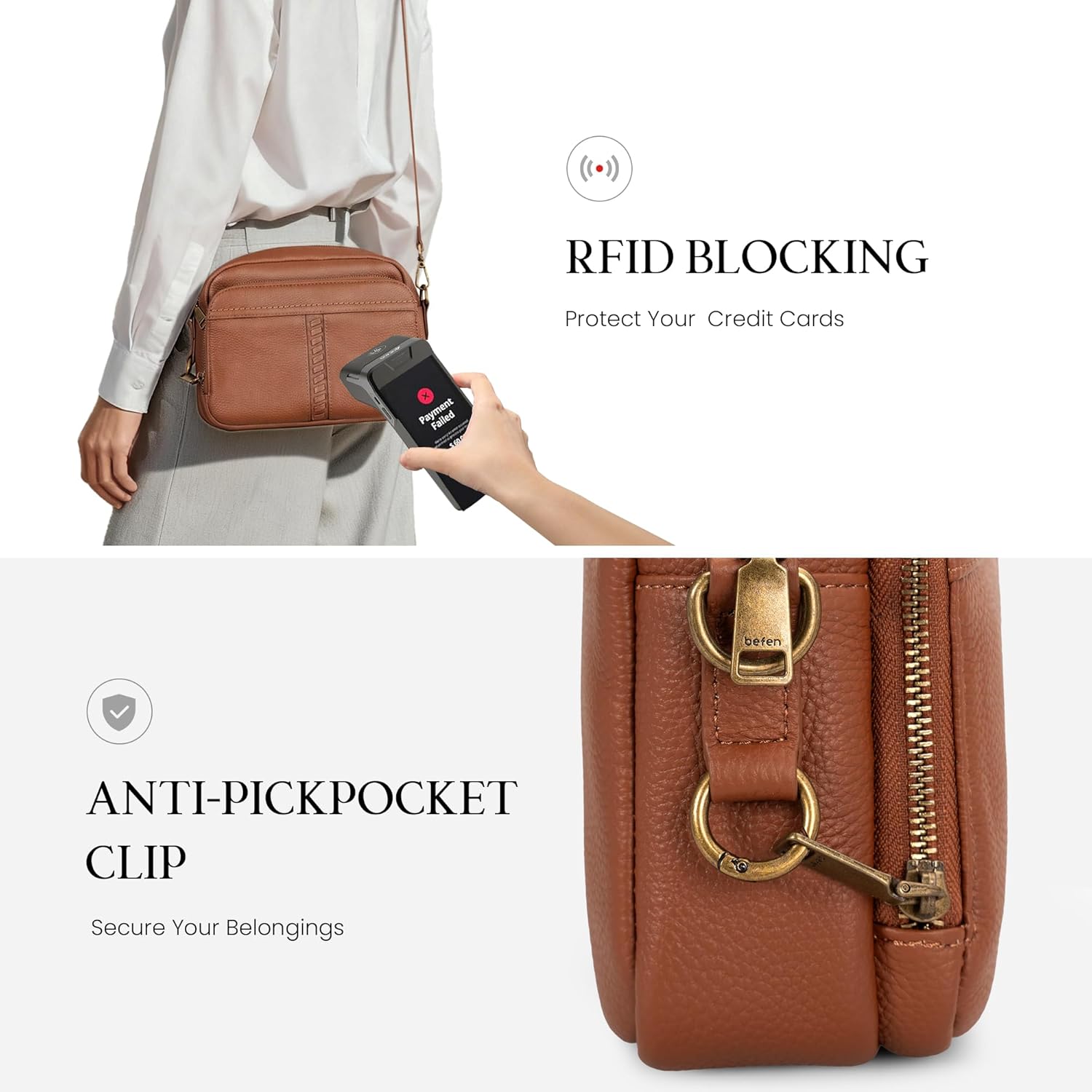 Genuine Leather Crossbody Bag for Women Anti Theft Purse and Handbags with Built in RFID Wallet Genuine Leather Crossbody Bag for Women Anti Theft Purse and Handbags with Built in RFID Wallet