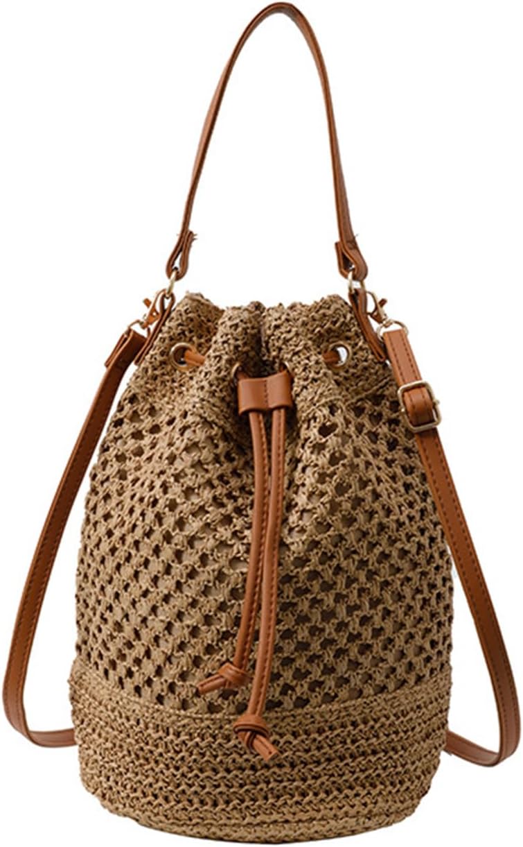 Women's Summer Beach Bag，Large-capacity casual open-weave straw bag，Beach vacation beach bucket bag