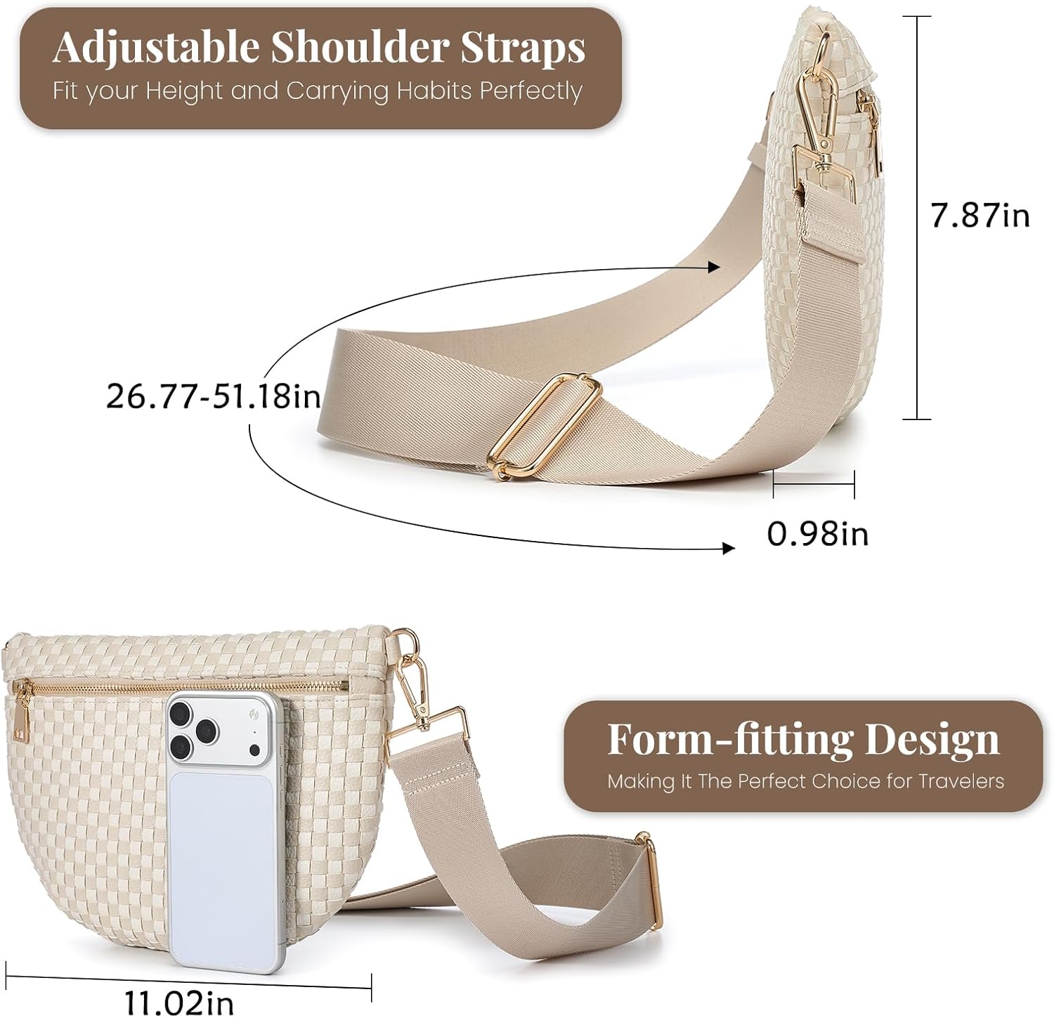 Woven Crossbody Bags For Women, Checkered Fashion PU Bum Bag Waist Pack, Travel Sling Purse with Adjustable Strap(Beige and White) Woven Crossbody Bags For Women, Checkered Fashion PU Bum Bag Waist Pack, Travel Sling Purse with Adjustable Strap(Beige and White)