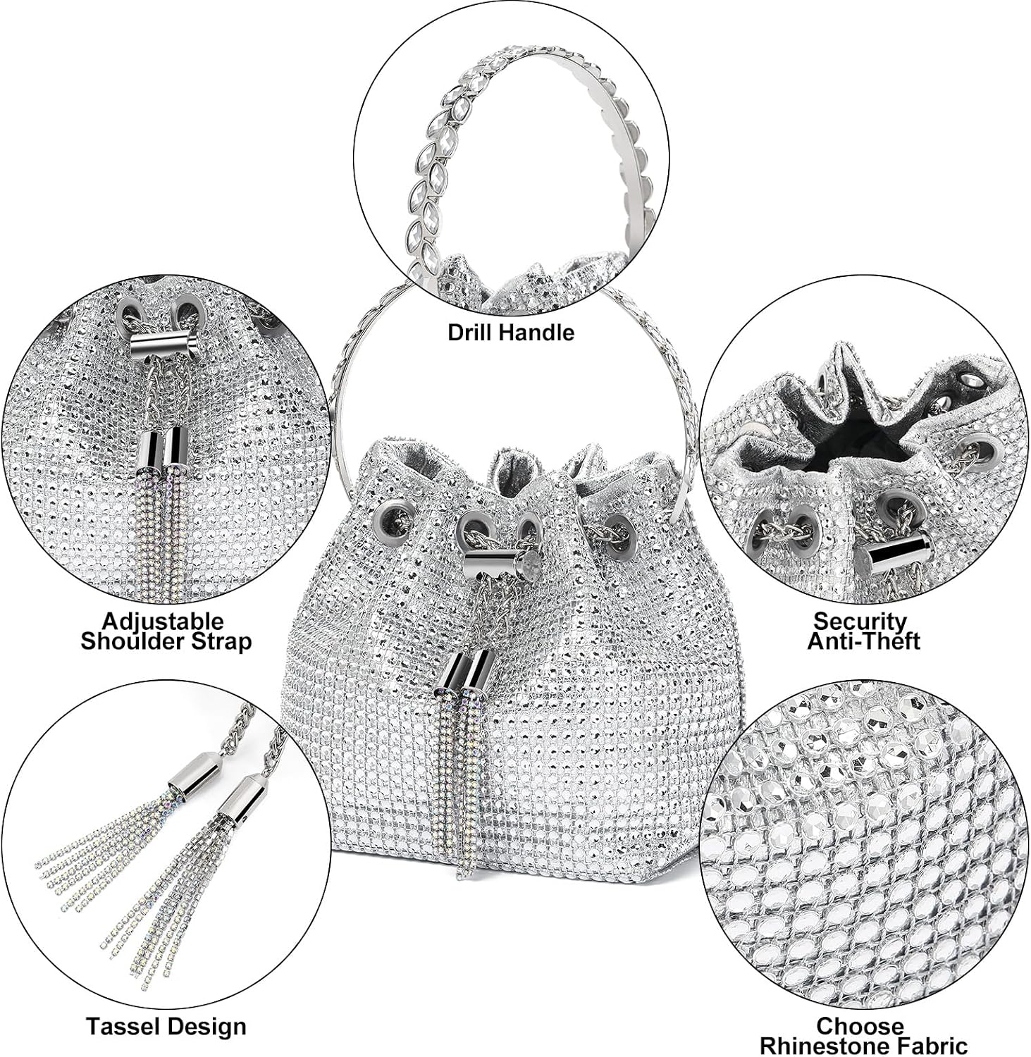 Sparkling Rhinestone Evening Clutch Handbag for Women Bucket Bag Handle Crossbody Bag with Zipper for Wedding, Daily Sparkling Rhinestone Evening Clutch Handbag for Women Bucket Bag Handle Crossbody Bag with Zipper for Wedding, Daily