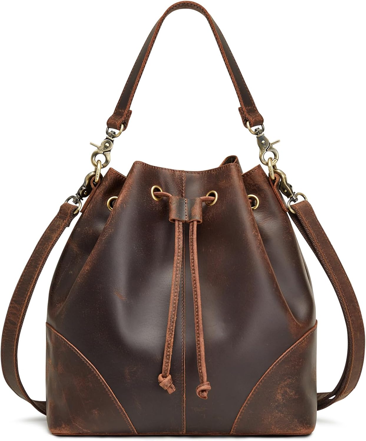 Genuine Leather Purses for Women Crossbody Drawstring with 2 Straps | Top Grain Leather, Bucket Bags Crossbody Shoulder Top Handle, Multi Pockets, Vintage Casual, Travel Everyday