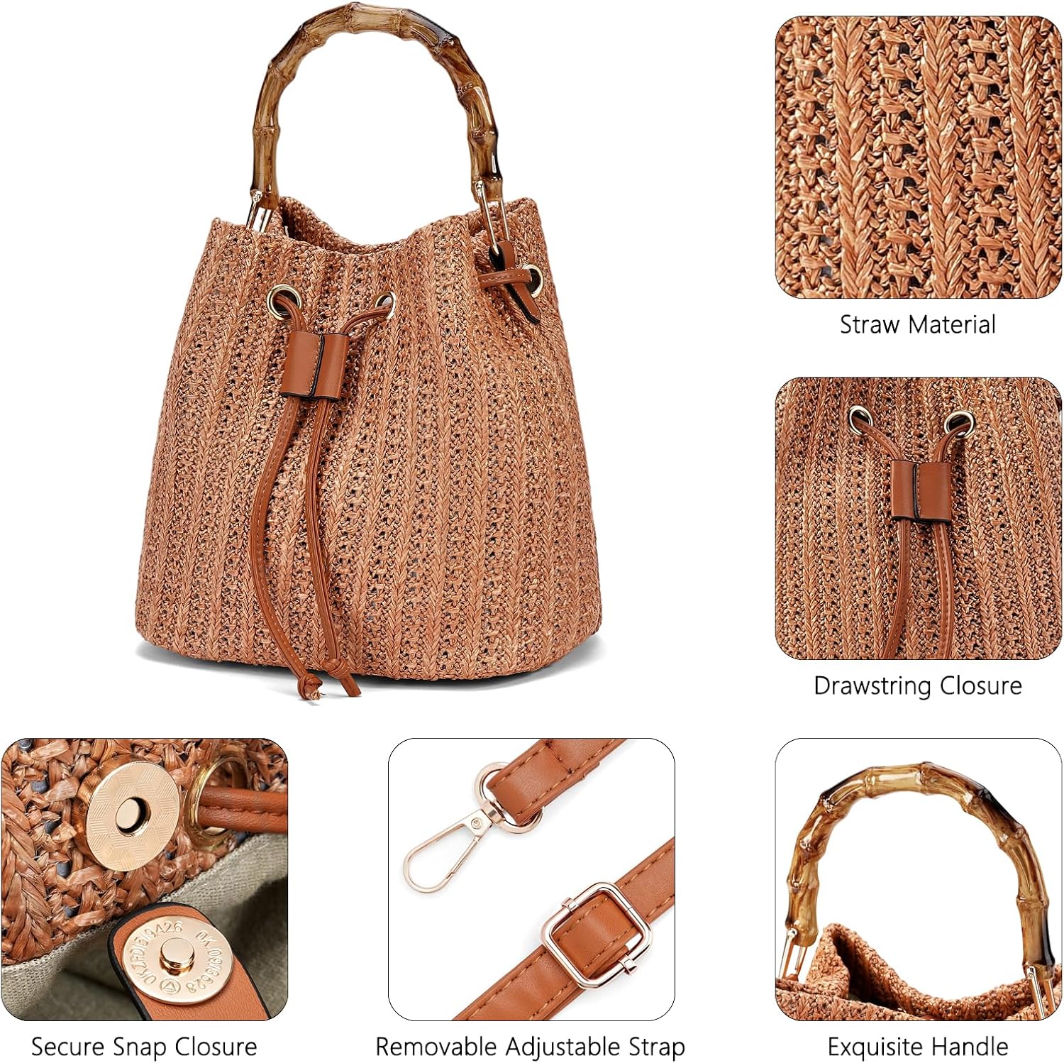 Straw Crossbody Bag Summer Woven Bucket Bags for Women Beach Shoulder Purse Drawstring Handbag Vacation Straw Crossbody Bag Summer Woven Bucket Bags for Women Beach Shoulder Purse Drawstring Handbag Vacation