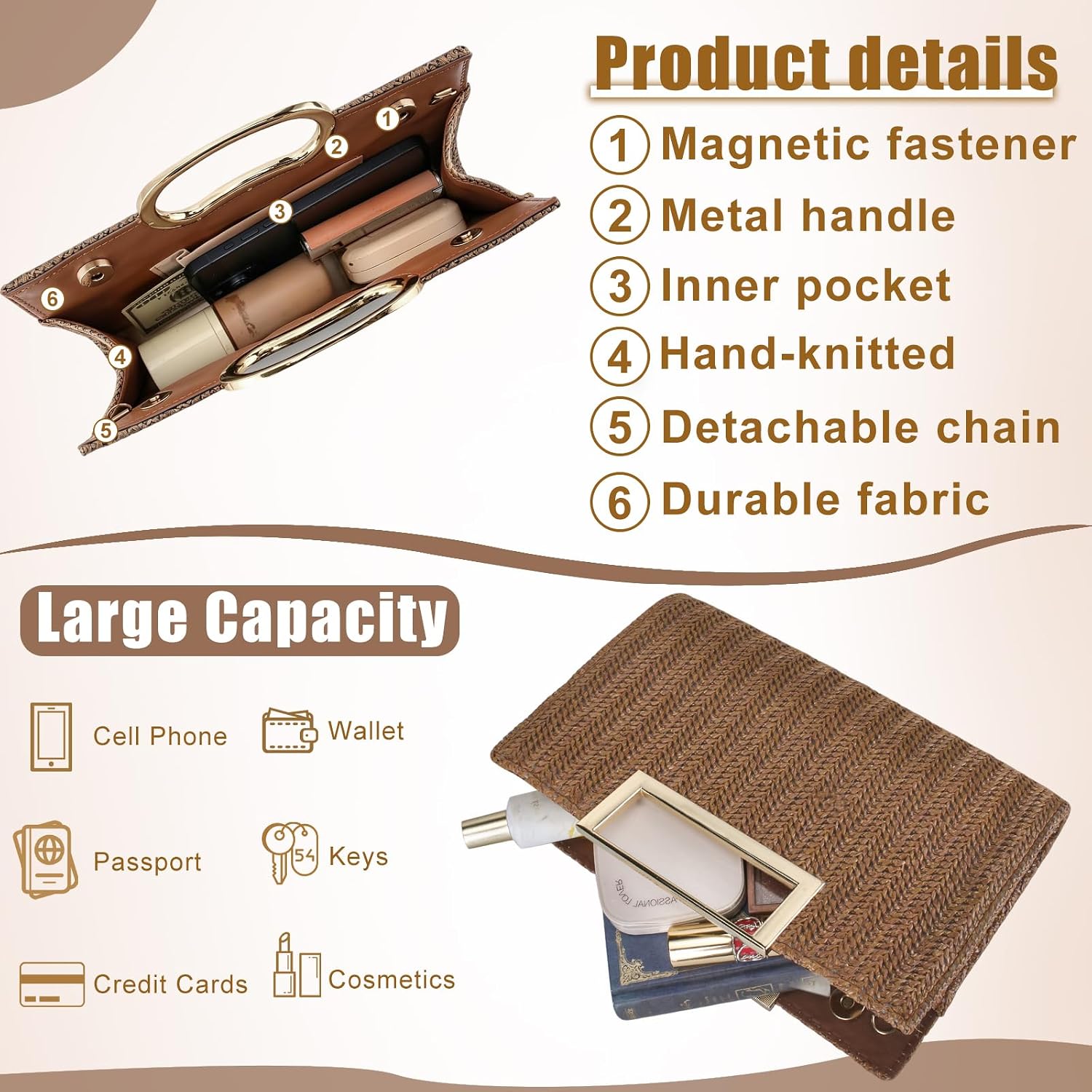 Summer Straw Clutch Purse for Women, Woven Beach Handbag Shouler Bag Top Handle Clutch
