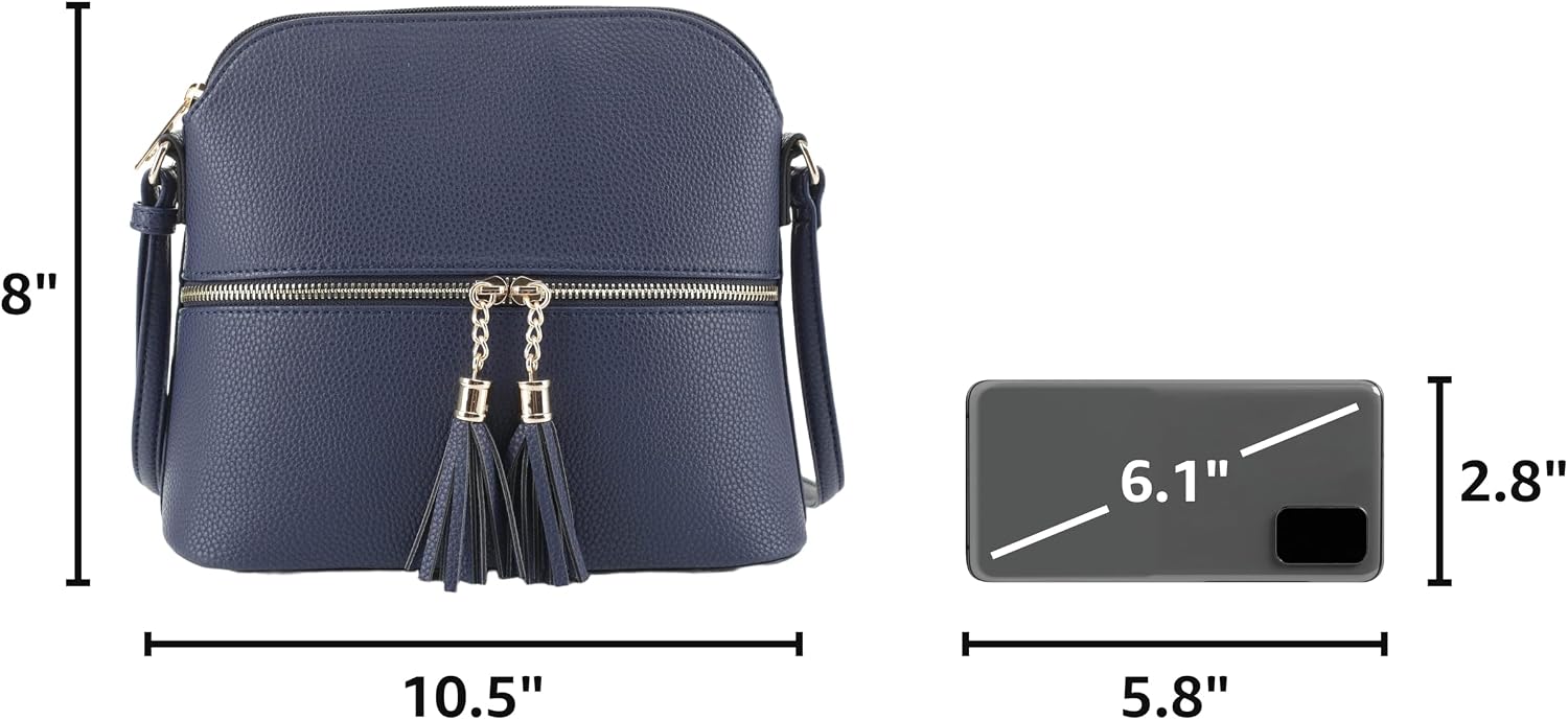Women's Lightweight Medium Dome Crossbody Bag Shoulder Bag with Tassel | Zipper Pocket | Adjustable Strap