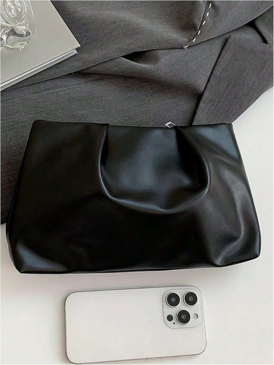 Women's PU Leather Clutch Purses Small Zipper Ruched Minimalist Handbag