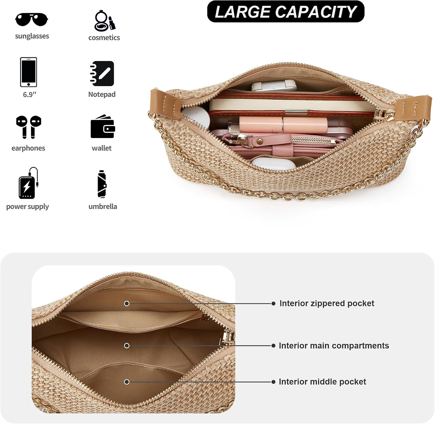 Women's Straw Woven Shoulder Bag Beach Purse Summer Vacation Tote Handbag