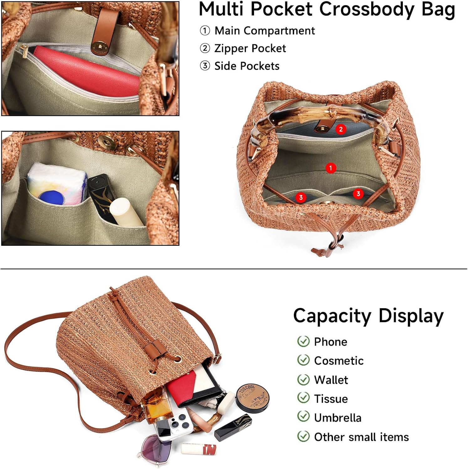 Straw Crossbody Bag Summer Woven Bucket Bags for Women Beach Shoulder Purse Drawstring Handbag Vacation Straw Crossbody Bag Summer Woven Bucket Bags for Women Beach Shoulder Purse Drawstring Handbag Vacation
