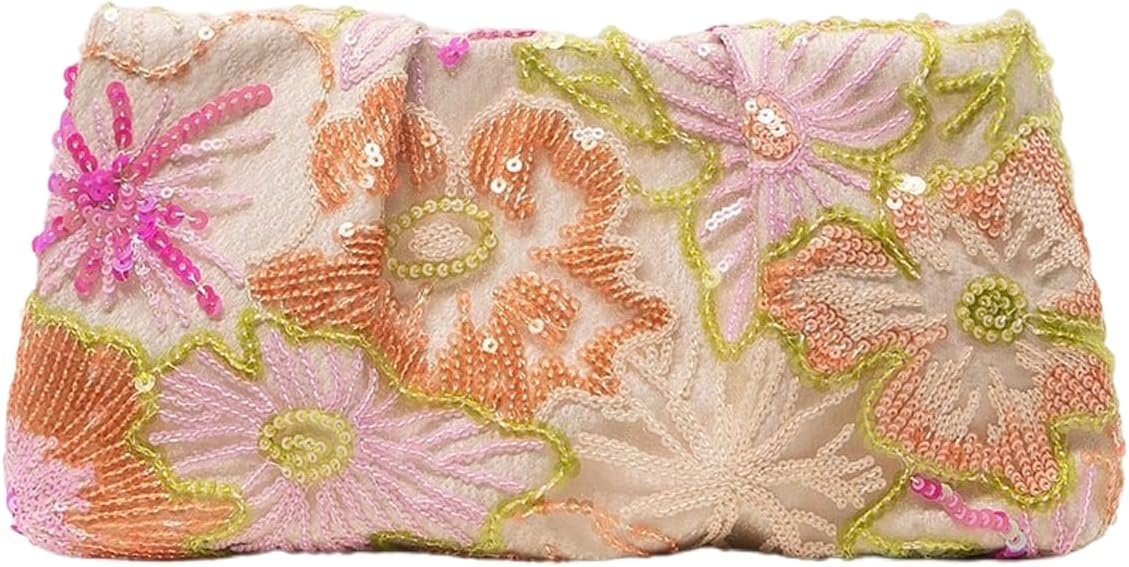 Women's Sequin Ruched Flower Purse Floral Clutch Embroidered Cocktail Party Evening Handbags
