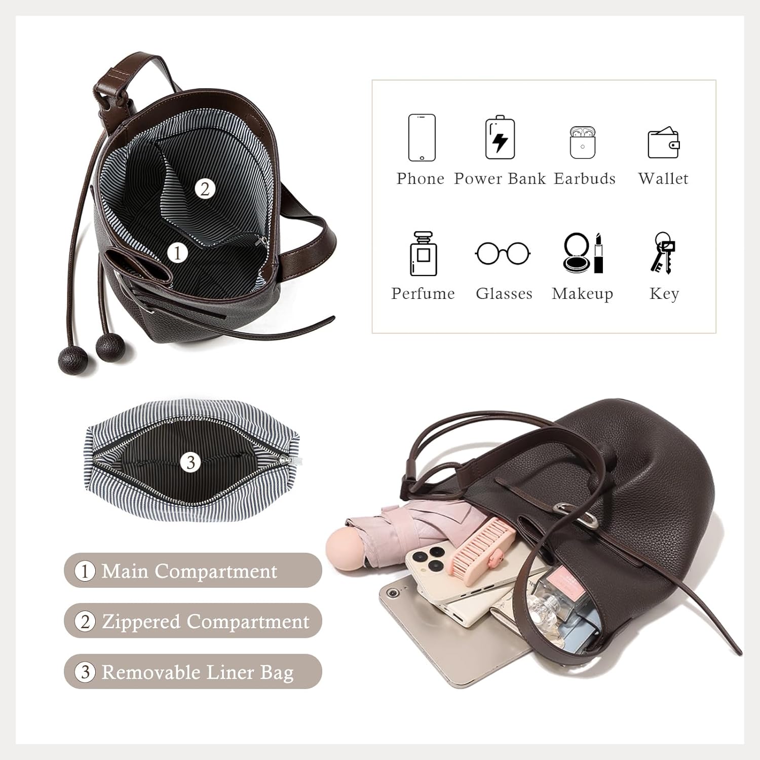 Genuine Leather Bucket Bag for Women - Soft, Scratch-Resistant | Genuine Leather, Adjustable Shoulder Strap, Removable Inner Pouch, Magnetic Closure, Lightweight Daily Work Commute Bag