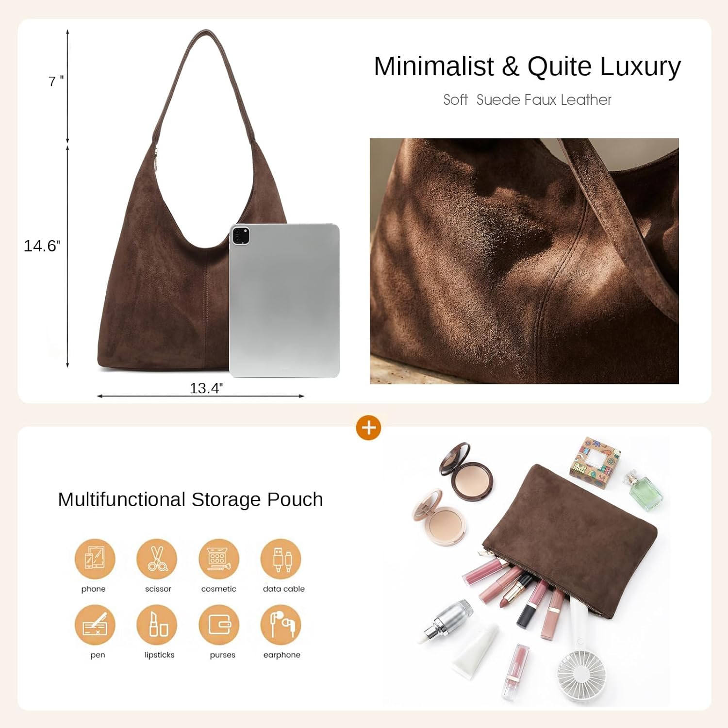 Slouchy Suede Hobo bag for Women Casual Shoulder Bag Soft Cresent Tote Purse Handbag Work Travel Slouchy Suede Hobo bag for Women Casual Shoulder Bag Soft Cresent Tote Purse Handbag Work Travel
