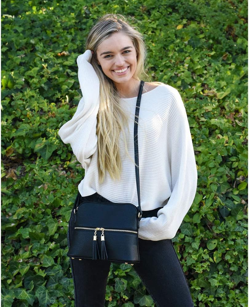 Women's Lightweight Medium Dome Crossbody Bag Shoulder Bag with Tassel | Zipper Pocket | Adjustable Strap