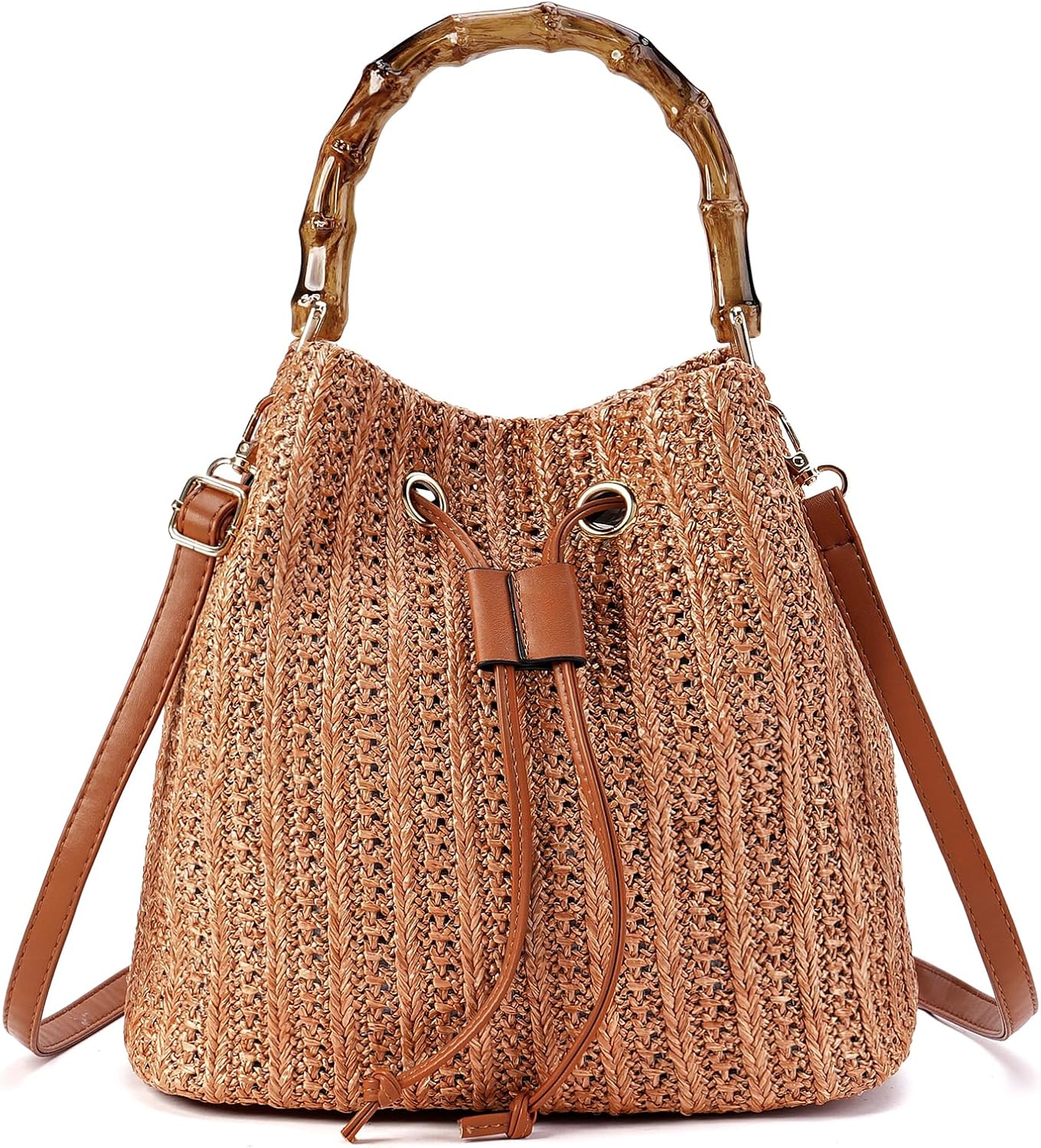 Straw Crossbody Bag Summer Woven Bucket Bags for Women Beach Shoulder Purse Drawstring Handbag Vacation