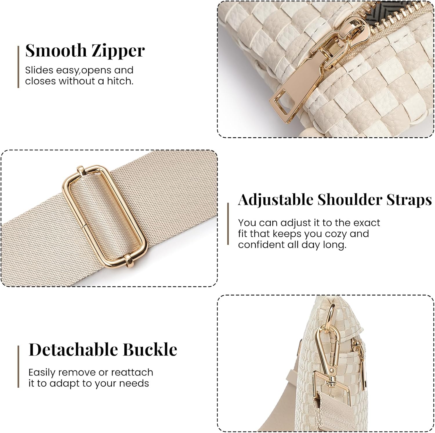 Woven Crossbody Bags For Women, Checkered Fashion PU Bum Bag Waist Pack, Travel Sling Purse with Adjustable Strap(Beige and White) Woven Crossbody Bags For Women, Checkered Fashion PU Bum Bag Waist Pack, Travel Sling Purse with Adjustable Strap(Beige and White)