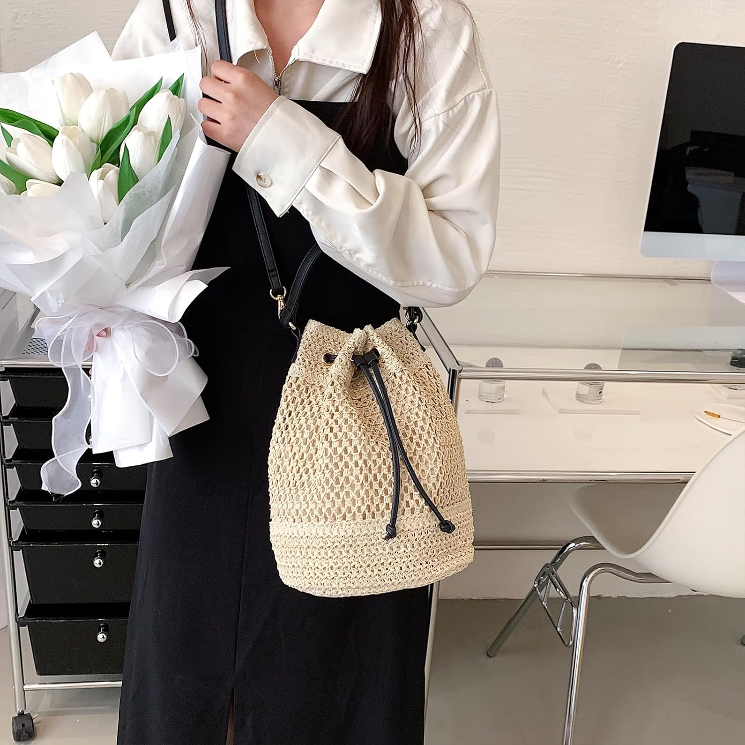 Straw Bucket Bag Summer Small Woven Crossbody Bags for Women Hobo Drawstring Purse Vacation Handbags Straw Beach Bag Straw Bucket Bag Summer Small Woven Crossbody Bags for Women Hobo Drawstring Purse Vacation Handbags Straw Beach Bag