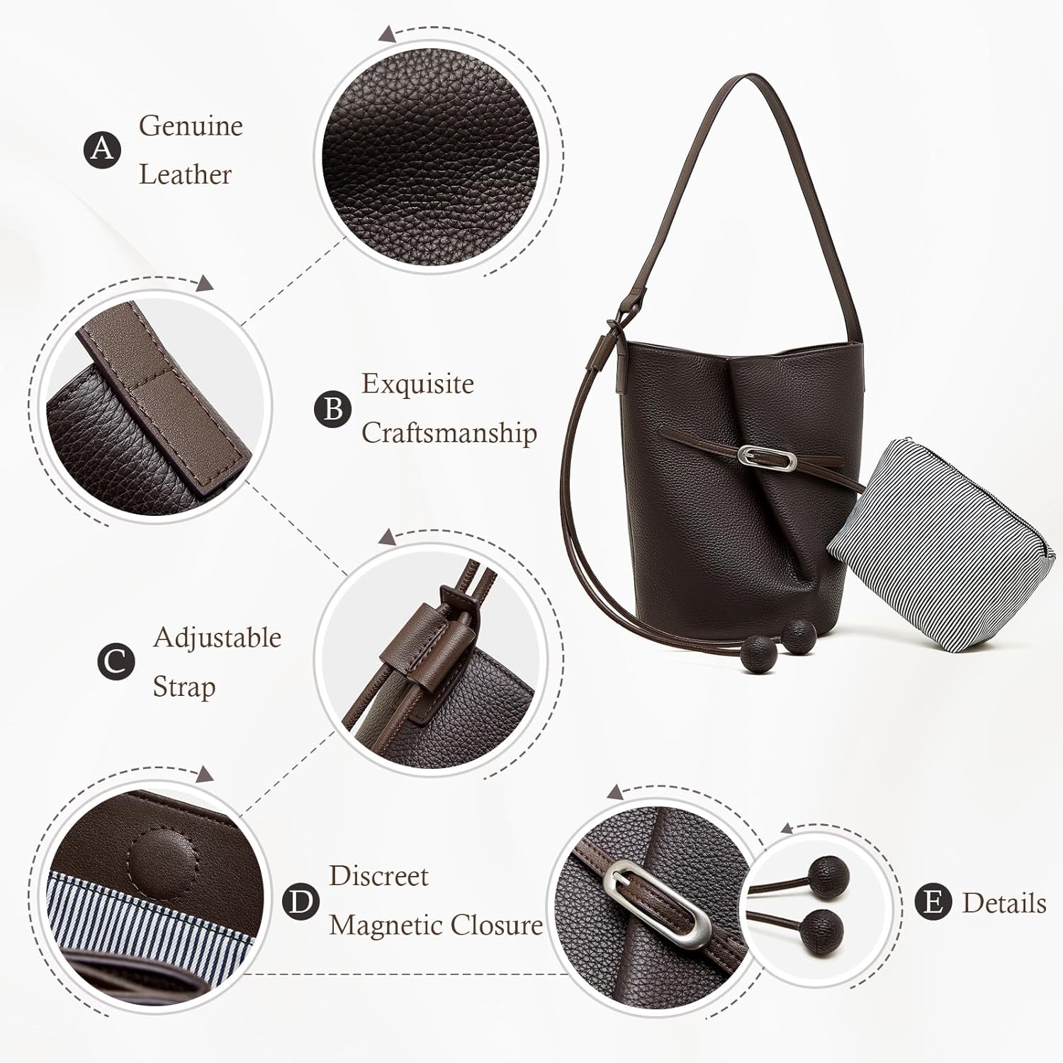 Genuine Leather Bucket Bag for Women - Soft, Scratch-Resistant | Genuine Leather, Adjustable Shoulder Strap, Removable Inner Pouch, Magnetic Closure, Lightweight Daily Work Commute Bag