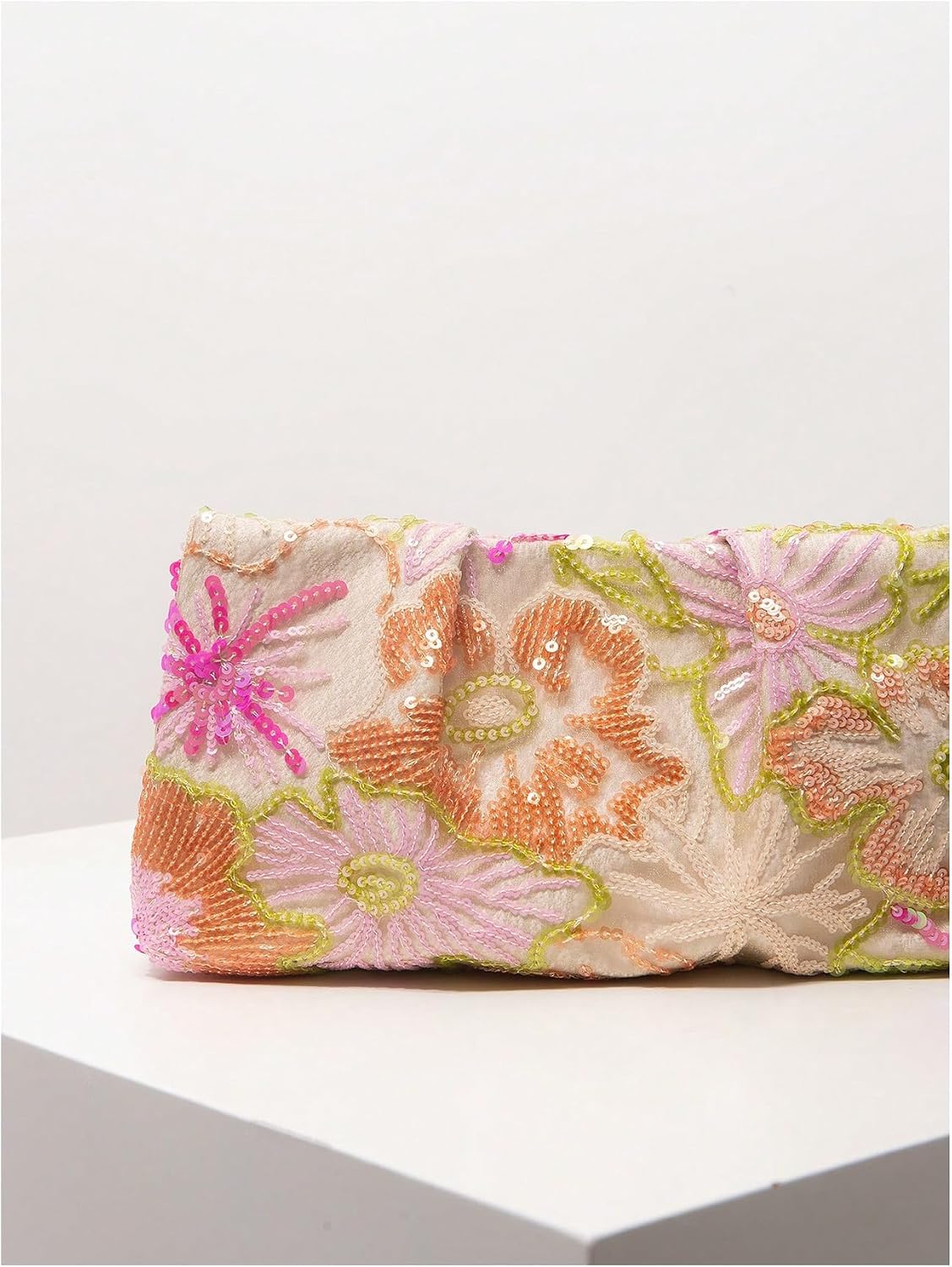 Women's Sequin Ruched Flower Purse Floral Clutch Embroidered Cocktail Party Evening Handbags