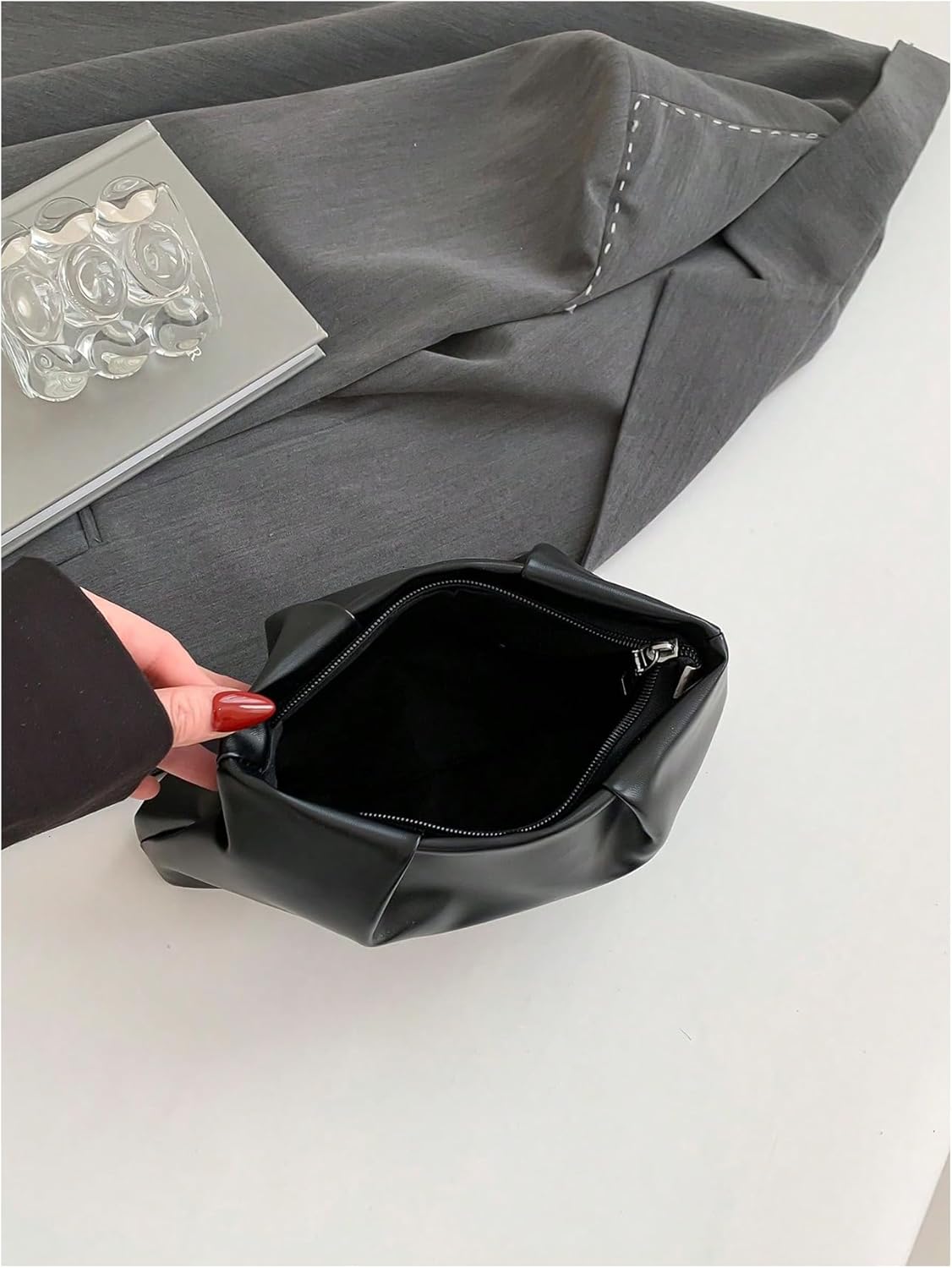 Women's PU Leather Clutch Purses Small Zipper Ruched Minimalist Handbag
