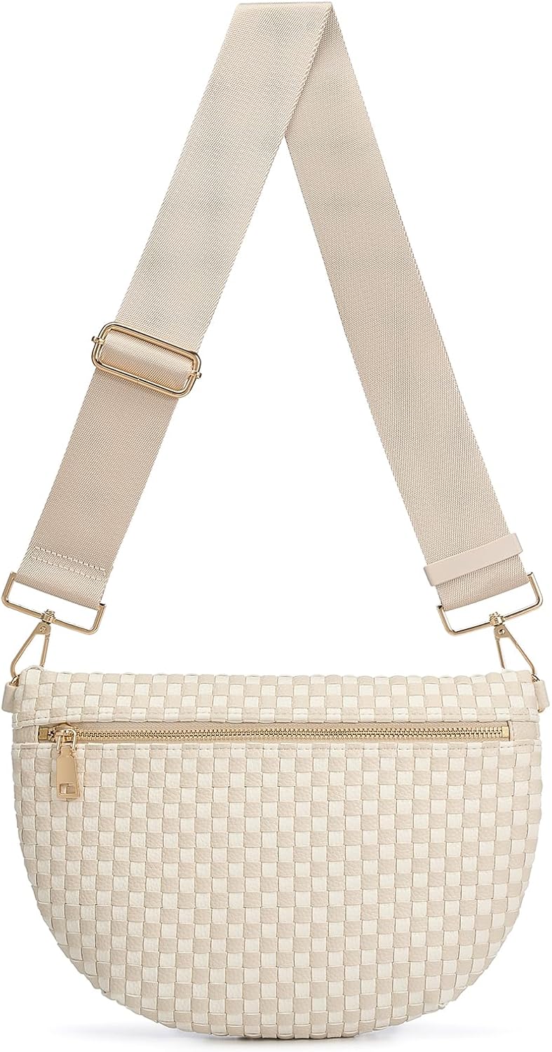Woven Crossbody Bags For Women, Checkered Fashion PU Bum Bag Waist Pack, Travel Sling Purse with Adjustable Strap（Beige and White)
