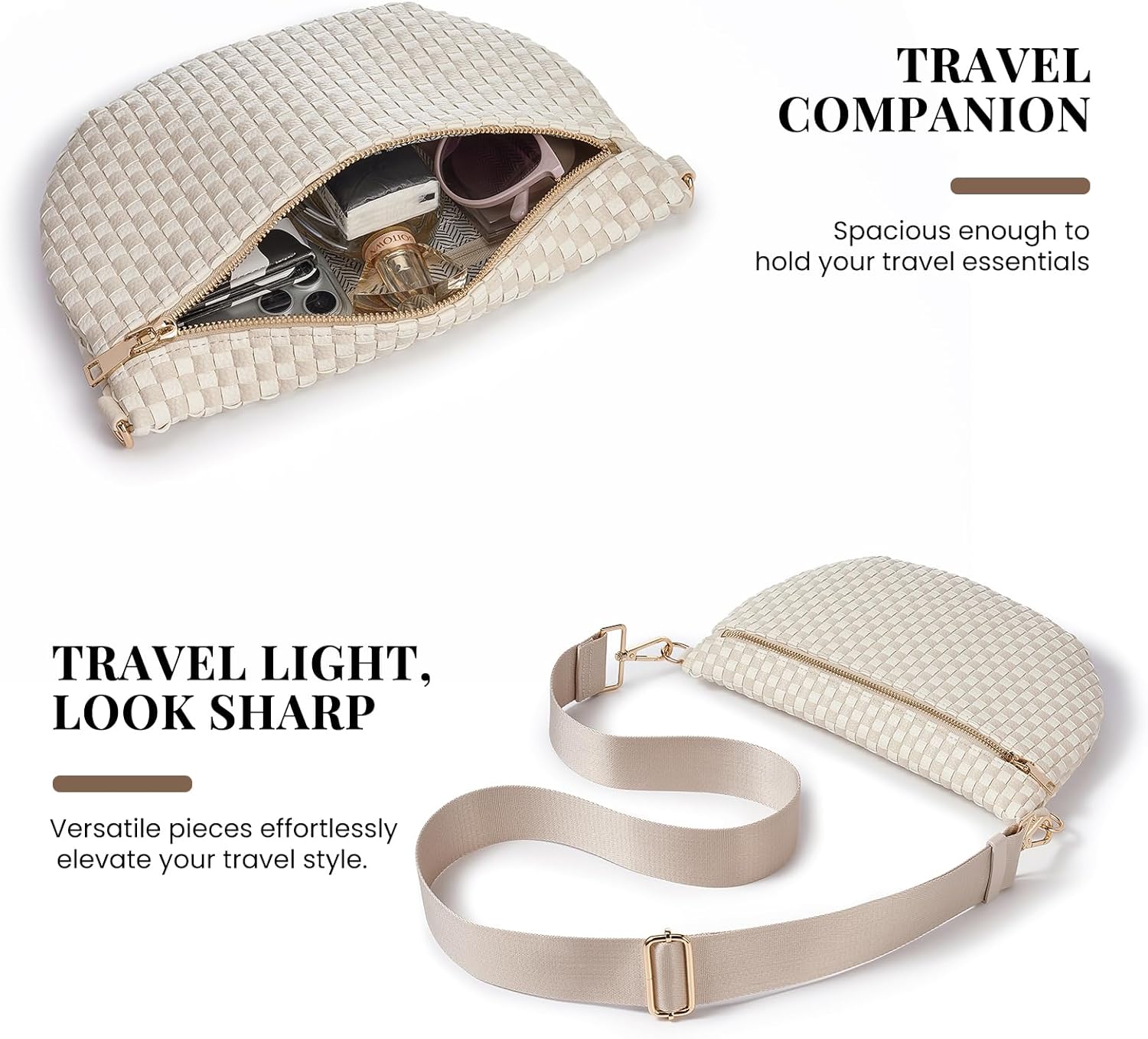 Woven Crossbody Bags For Women, Checkered Fashion PU Bum Bag Waist Pack, Travel Sling Purse with Adjustable Strap(Beige and White) Woven Crossbody Bags For Women, Checkered Fashion PU Bum Bag Waist Pack, Travel Sling Purse with Adjustable Strap(Beige and White)