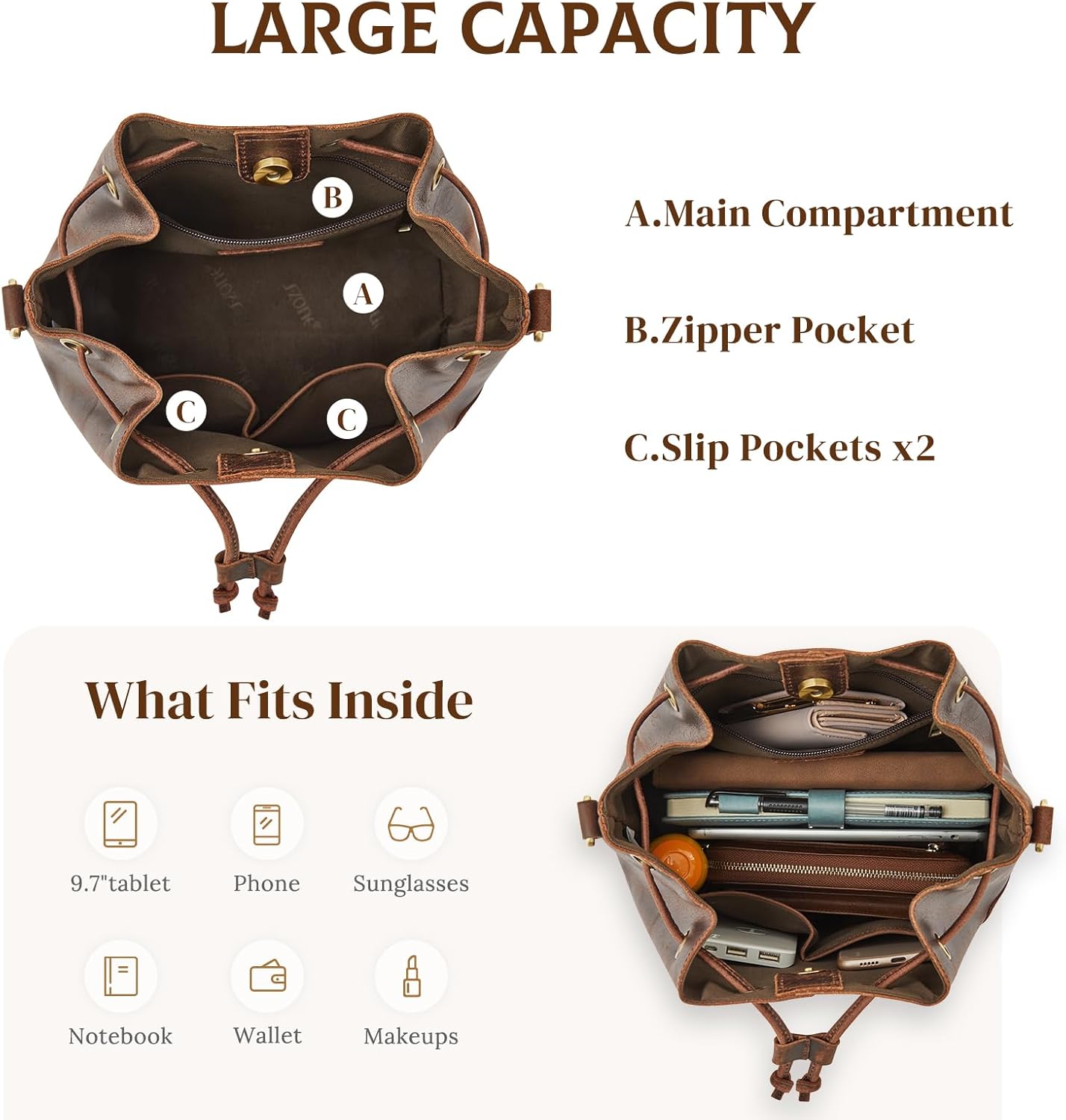 Genuine Leather Purses for Women Crossbody Drawstring with 2 Straps | Top Grain Leather, Bucket Bags Crossbody Shoulder Top Handle, Multi Pockets, Vintage Casual, Travel Everyday Genuine Leather Purses for Women Crossbody Drawstring with 2 Straps | Top Grain Leather, Bucket Bags Crossbody Shoulder Top Handle, Multi Pockets, Vintage Casual, Travel Everyday