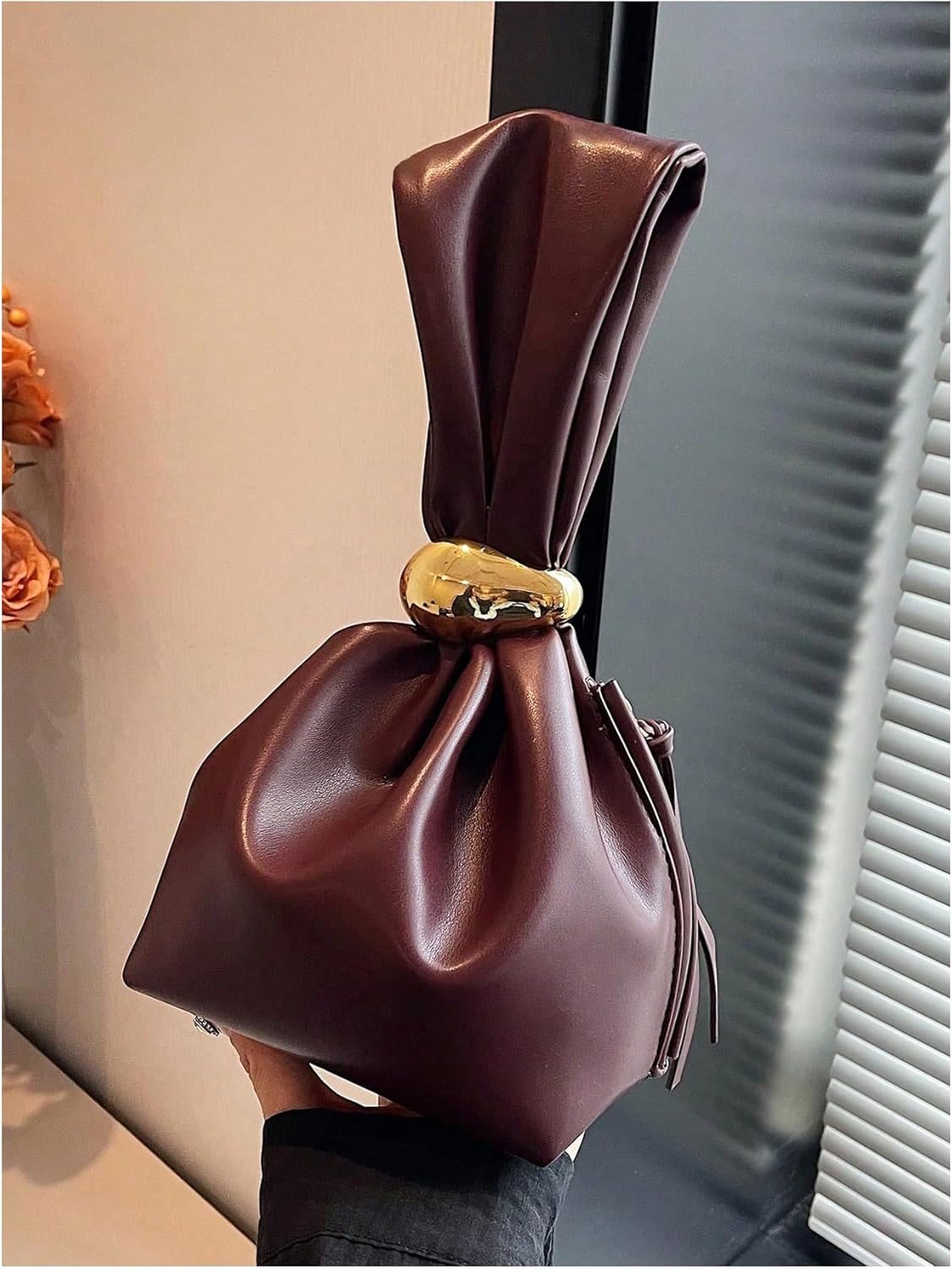 Women's Mini Leather Bucket Bags Top Handle Purse Metallic Buckle Handbags Hobo Bag