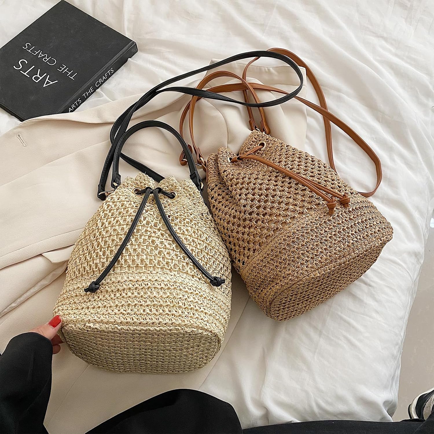 Straw Bucket Bag Summer Small Woven Crossbody Bags for Women Hobo Drawstring Purse Vacation Handbags Straw Beach Bag Straw Bucket Bag Summer Small Woven Crossbody Bags for Women Hobo Drawstring Purse Vacation Handbags Straw Beach Bag