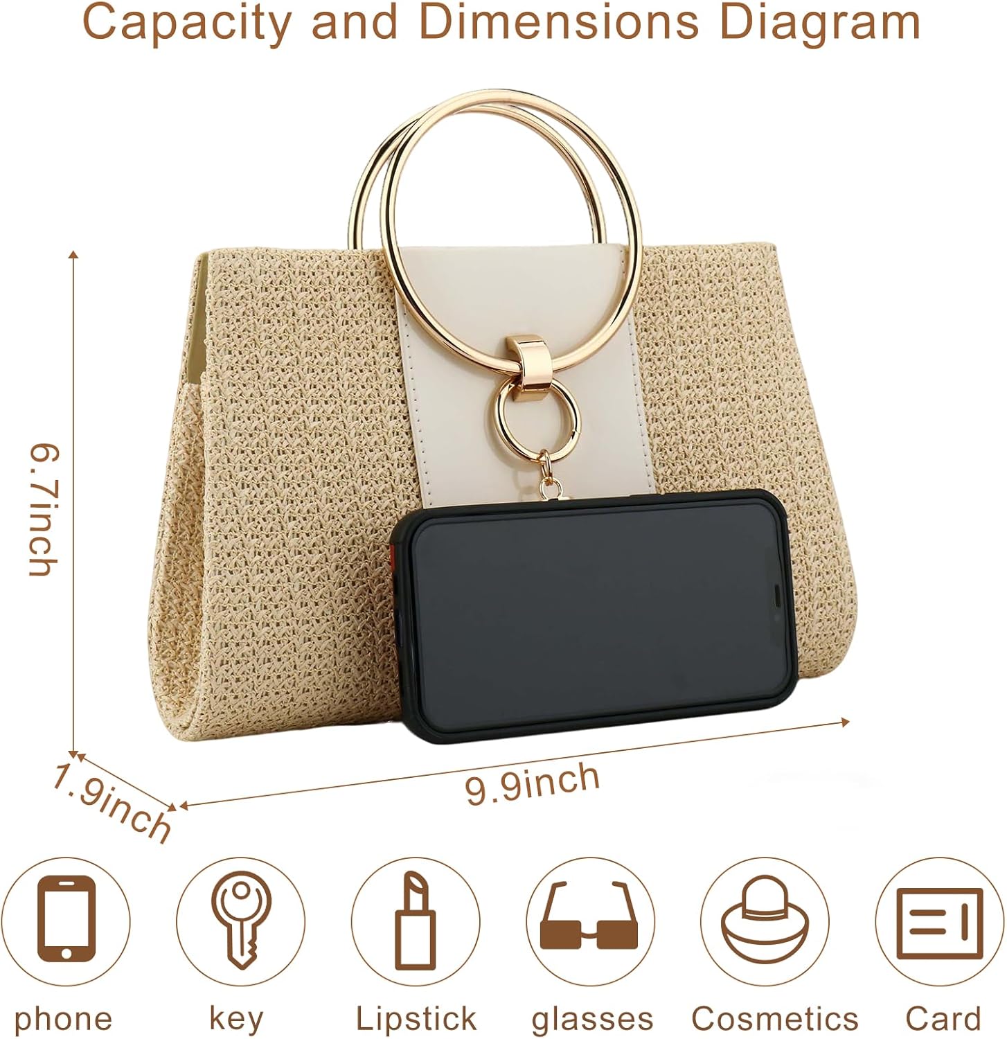 Women's Summer Beach Straw Evening Bag, Straw Clutch Purse Straw Handbag Shoulder Bag Top-handle Bag
