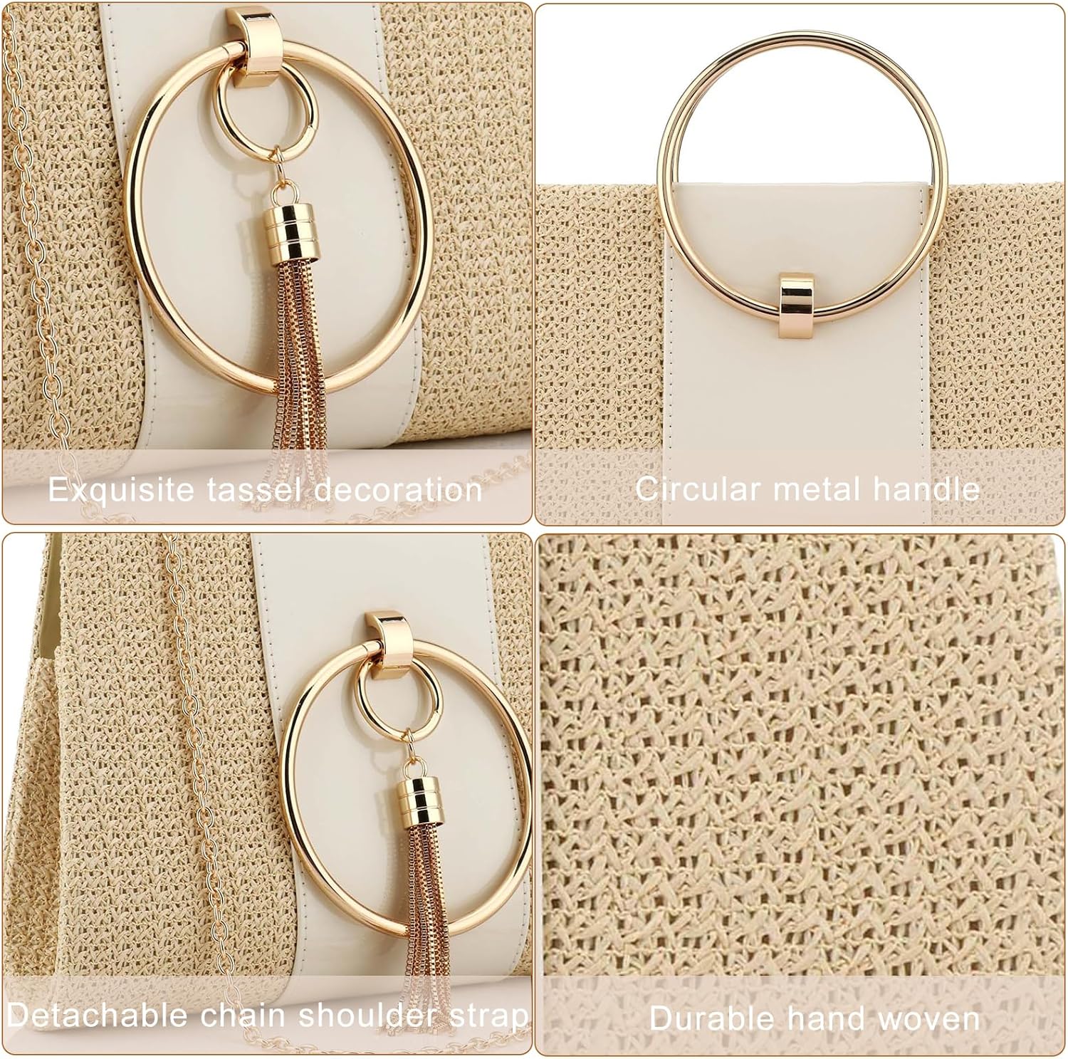Women's Summer Beach Straw Evening Bag, Straw Clutch Purse Straw Handbag Shoulder Bag Top-handle Bag