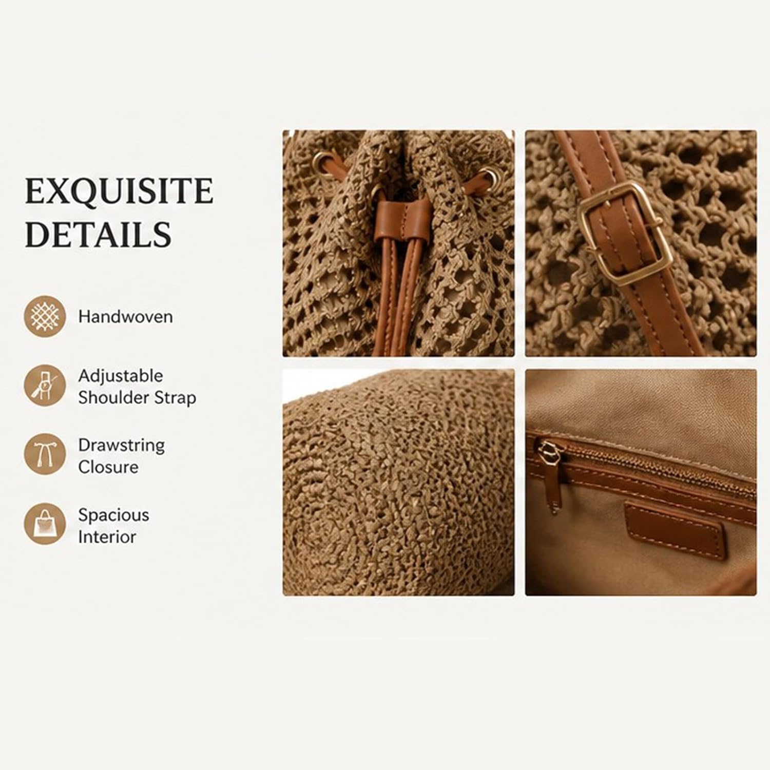 Women's Summer Beach Bag，Large-capacity casual open-weave straw bag，Beach vacation beach bucket bag