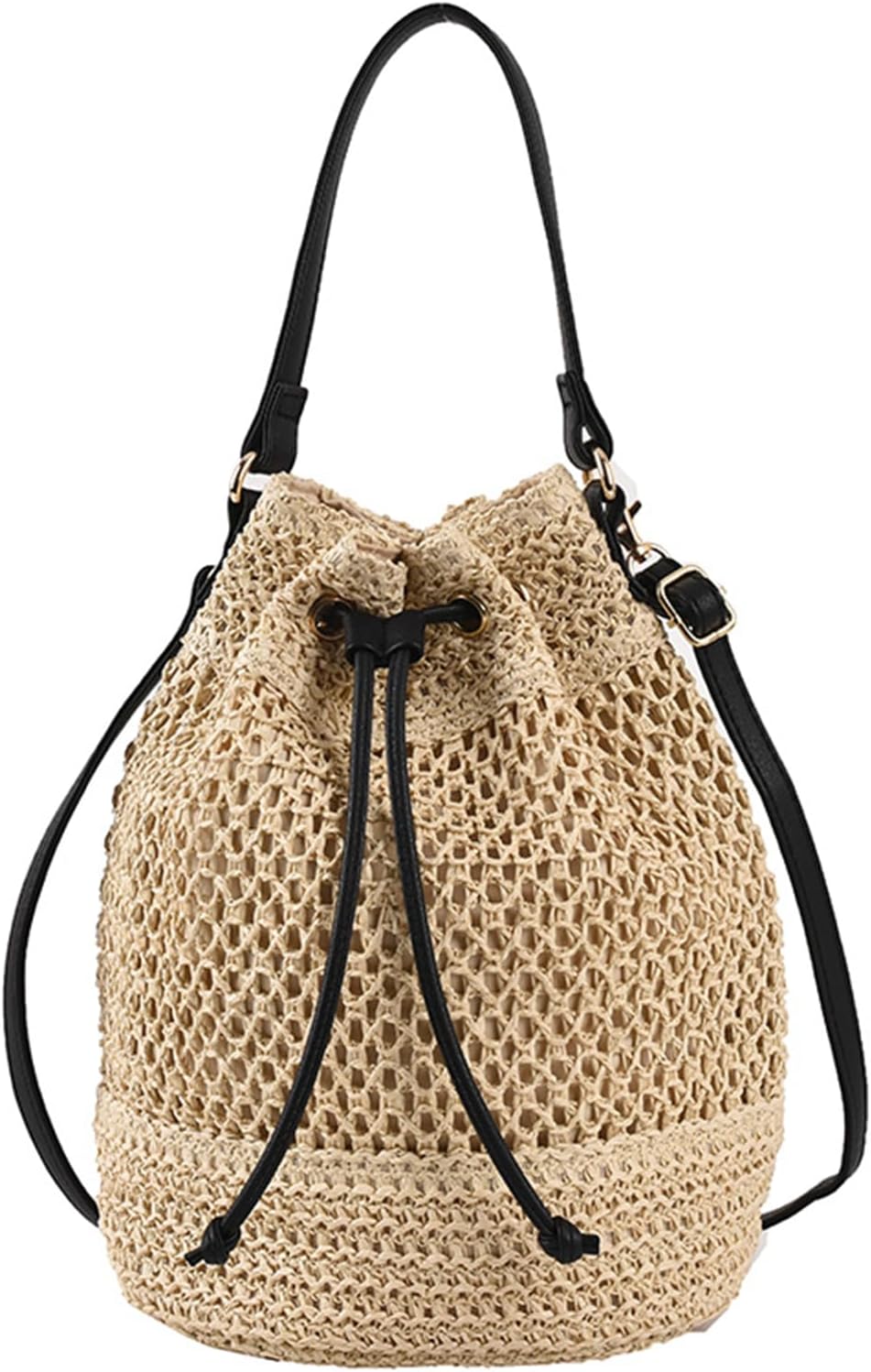 Straw Bucket Bag Summer Small Woven Crossbody Bags for Women Hobo Drawstring Purse Vacation Handbags Straw Beach Bag