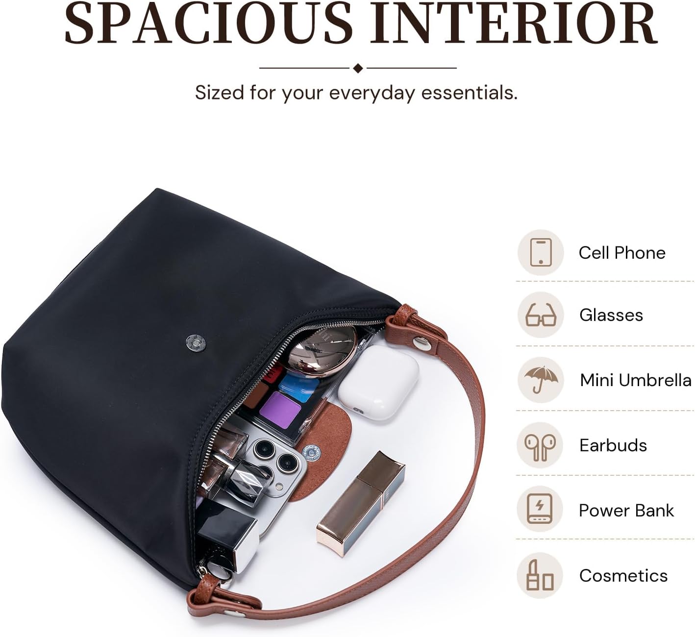 Mini Nylon Handbag for Women Crossbody, Small Shoulder Bag with 2 Straps, Convertible Dumpling Purse, Crescent Underarm Bag