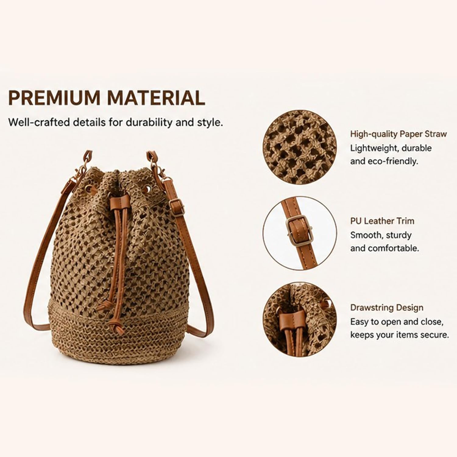 Women's Summer Beach Bag，Large-capacity casual open-weave straw bag，Beach vacation beach bucket bag