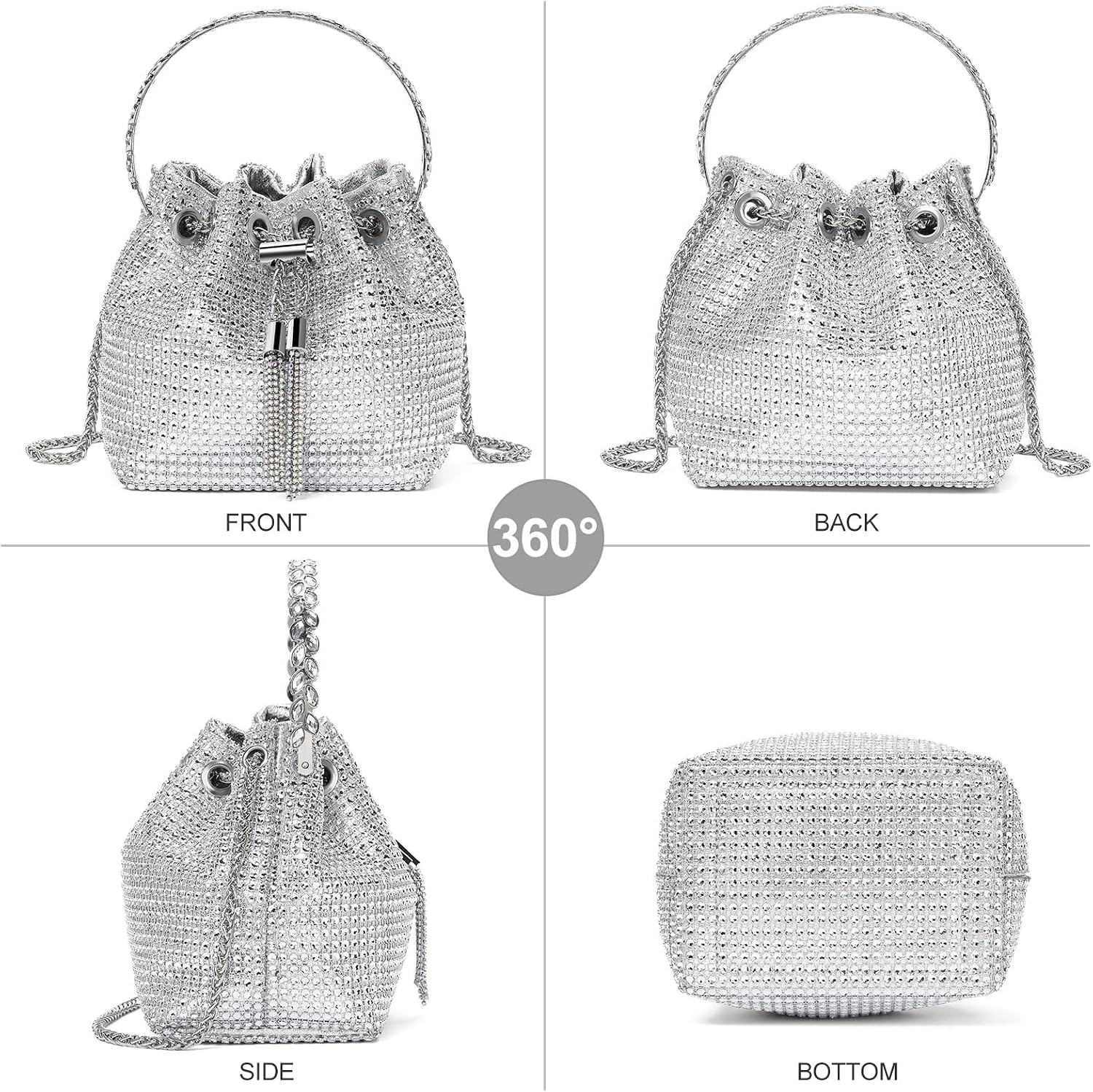 Sparkling Rhinestone Evening Clutch Handbag for Women Bucket Bag Handle Crossbody Bag with Zipper for Wedding, Daily Sparkling Rhinestone Evening Clutch Handbag for Women Bucket Bag Handle Crossbody Bag with Zipper for Wedding, Daily