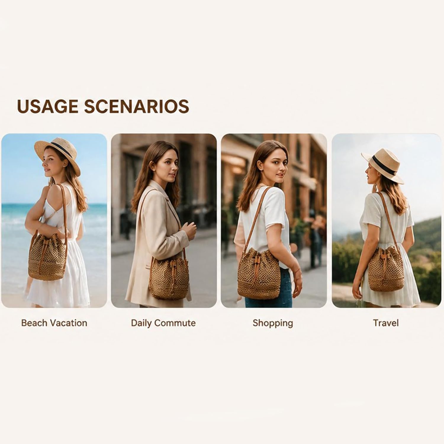 Women's Summer Beach Bag，Large-capacity casual open-weave straw bag，Beach vacation beach bucket bag