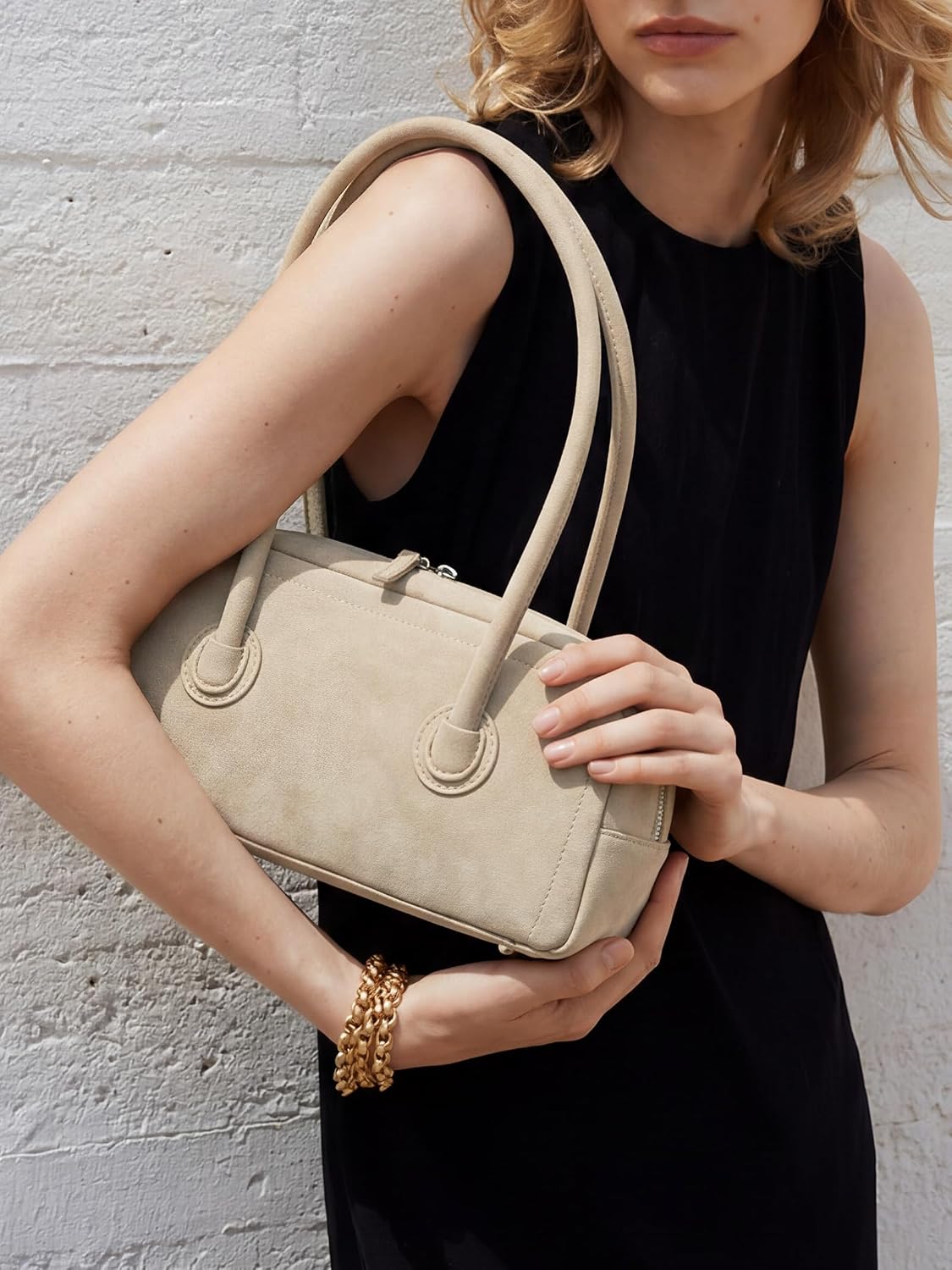 Women's Shoulder Bag Minimalist Underarm Purse Handbag | Soft Touch, with Zipper, Light Weight, Two Straps, Vintage, Vegan