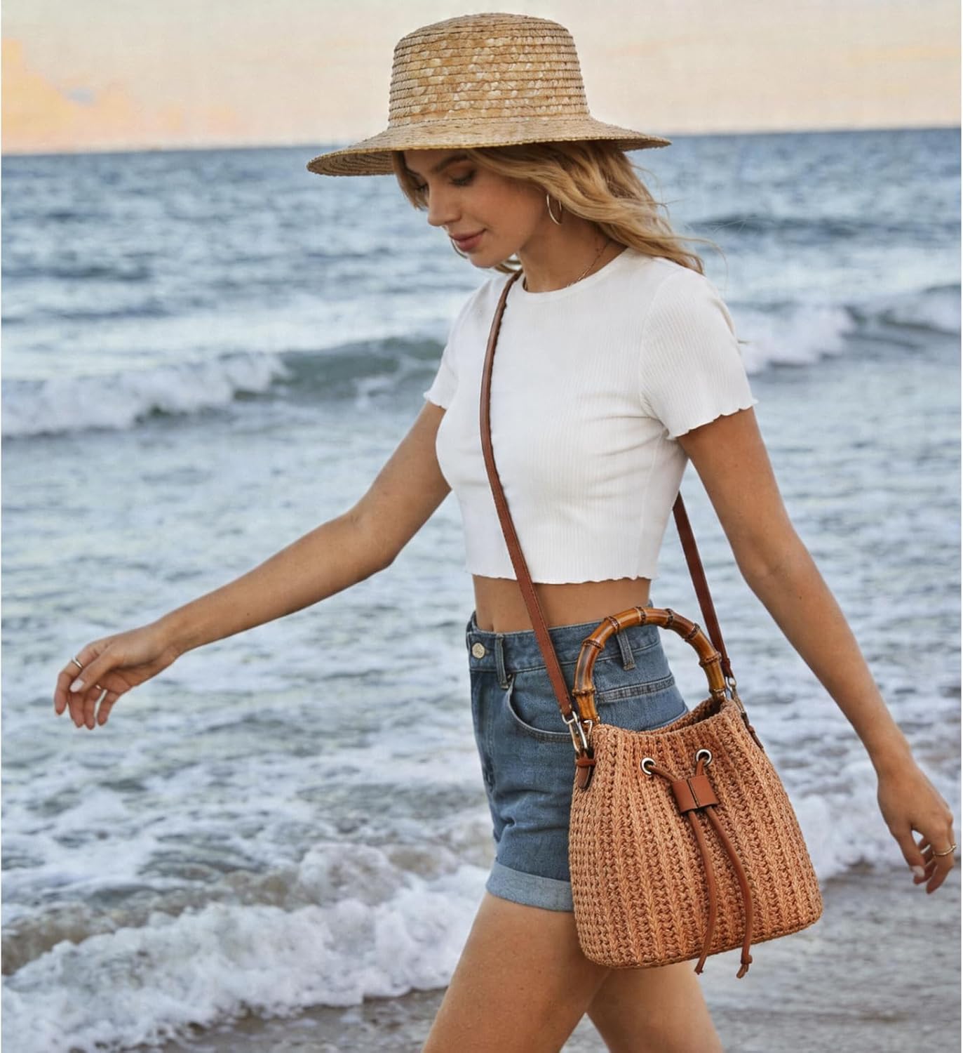 Straw Crossbody Bag Summer Woven Bucket Bags for Women Beach Shoulder Purse Drawstring Handbag Vacation Straw Crossbody Bag Summer Woven Bucket Bags for Women Beach Shoulder Purse Drawstring Handbag Vacation