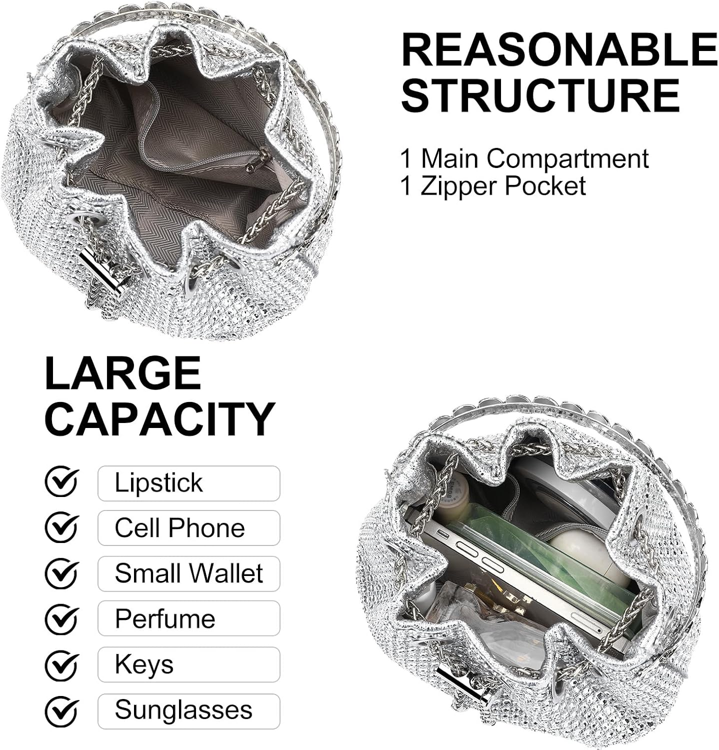 Sparkling Rhinestone Evening Clutch Handbag for Women Bucket Bag Handle Crossbody Bag with Zipper for Wedding, Daily Sparkling Rhinestone Evening Clutch Handbag for Women Bucket Bag Handle Crossbody Bag with Zipper for Wedding, Daily