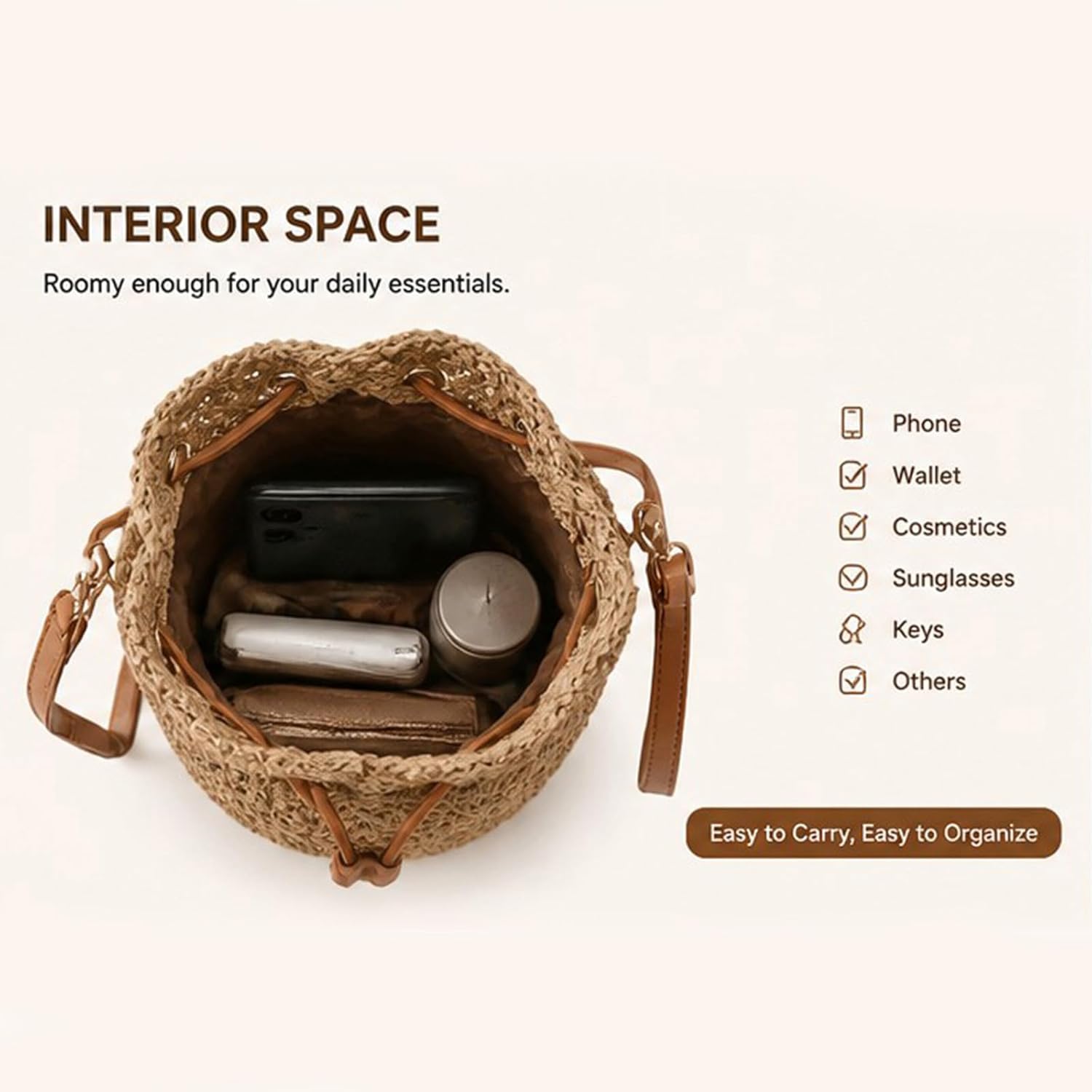 Women's Summer Beach Bag，Large-capacity casual open-weave straw bag，Beach vacation beach bucket bag
