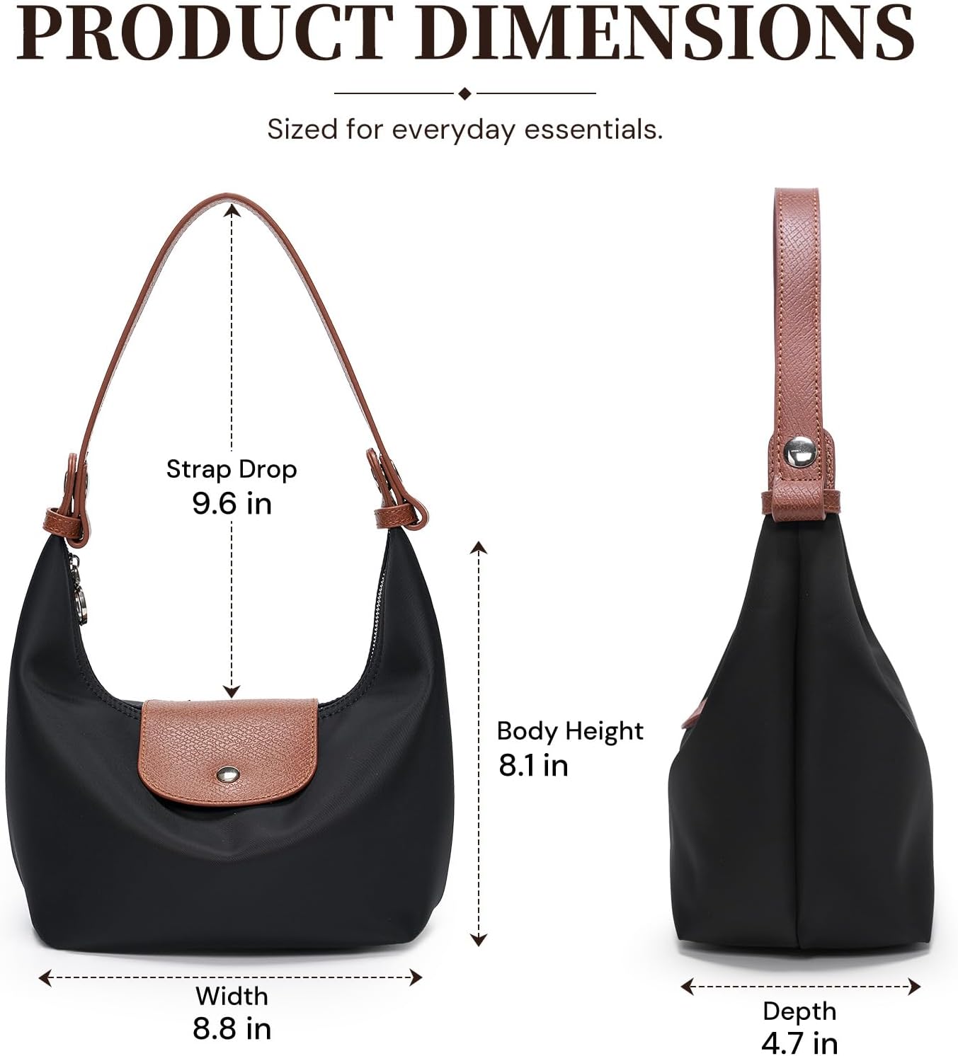 Mini Nylon Handbag for Women Crossbody, Small Shoulder Bag with 2 Straps, Convertible Dumpling Purse, Crescent Underarm Bag