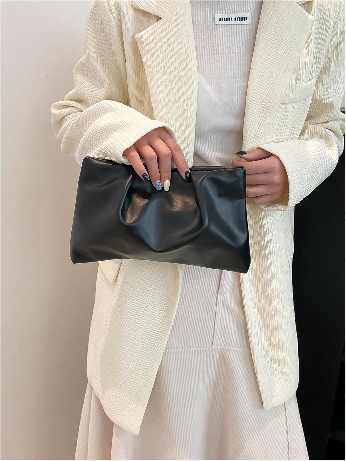 Women's PU Leather Clutch Purses Small Zipper Ruched Minimalist Handbag